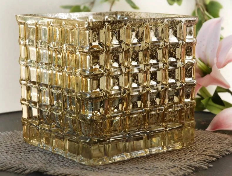 Gold Mercury Mosaic Glass Cube 6" - Square Vase & Candle Holder 3 Gold Mercury Mosaic Glass Cube 6" - Square Vase & Candle Holder - Image 3
