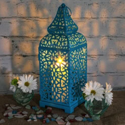 Richland Blue Moroccan Temple Metal Lantern -Candle Glow Deals Store 2335 4546
