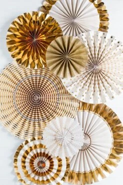 Fancy Party Fans Rosette Pinwheels Gold & White, 8 Fans
