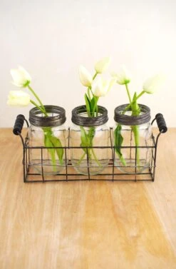 Wire Basket With 3 Glass Mason Jars With Frog Lids -Candle Glow Deals Store mason jar vase with frog lid 3 1