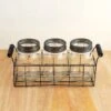 Wire Basket With 3 Glass Mason Jars With Frog Lids