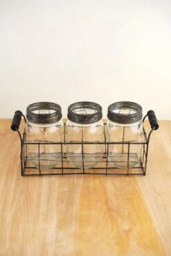 Wire Basket With 3 Glass Mason Jars With Frog Lids