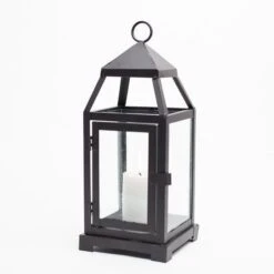 Richland Black Contemporary Metal Lantern With Clear Glasses - Small -Candle Glow Deals Store mg 4843