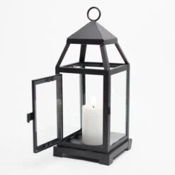 Richland Black Contemporary Metal Lantern With Clear Glasses - Small -Candle Glow Deals Store mg 4844