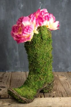 Natural Preserved Moss Cowboy Boot Topiary Pot