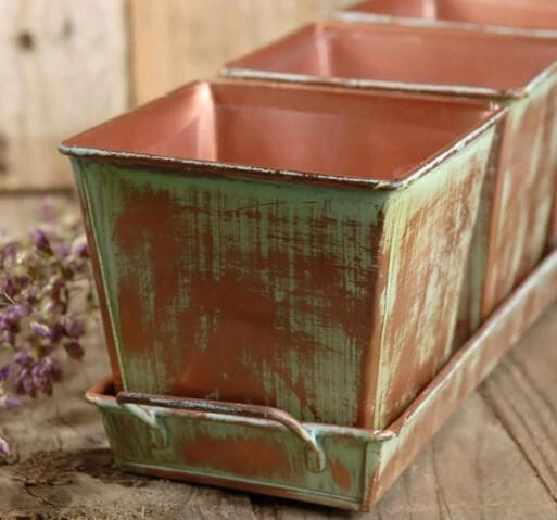 Verdigris Copper Herb Planters & Tray 12in 1 Verdigris Copper Herb Planters & Tray 12in